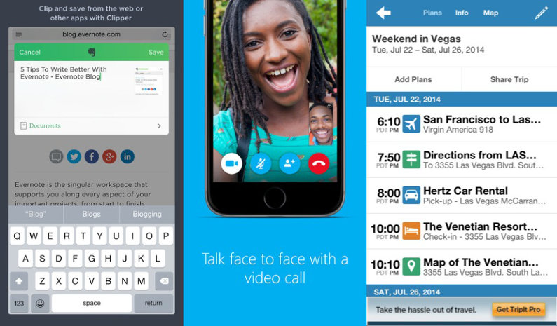 Evernote, Skype and TripIt app screenshots